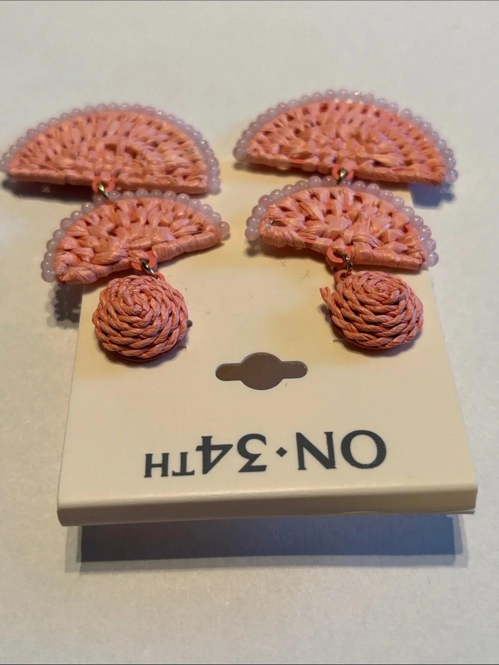 On 34th Gold-Tone Stone Bead & Woven Raffia Drop Earrings in Pink